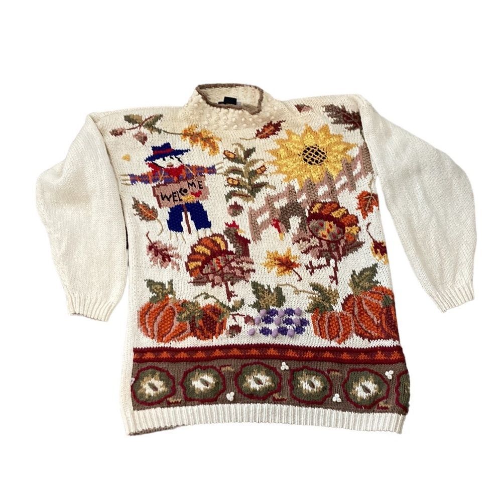 Vintage 90s Beldochpopper Fall Harvest Pumpkin Scarecrow Turtleneck Sweater S - Picture 8 of 14